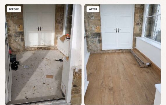 Before and after laminate floor transformation in a renovated room
