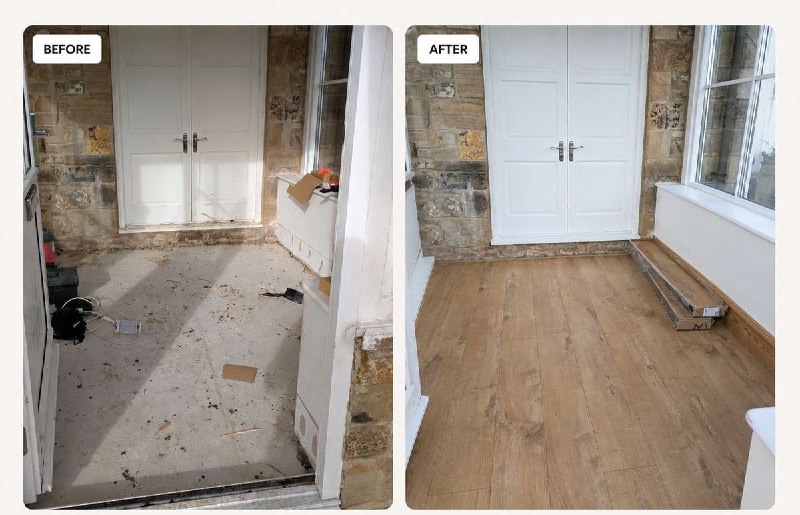 Before and after laminate floor transformation in a renovated room