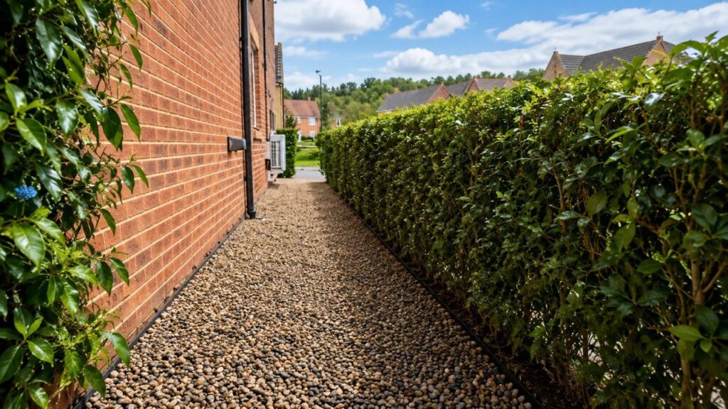 Completed side garden transformation with decorative gravel in Newcastle