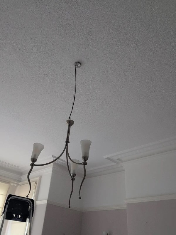 Chandelier hanging from a textured ceiling before a decorative rose installation