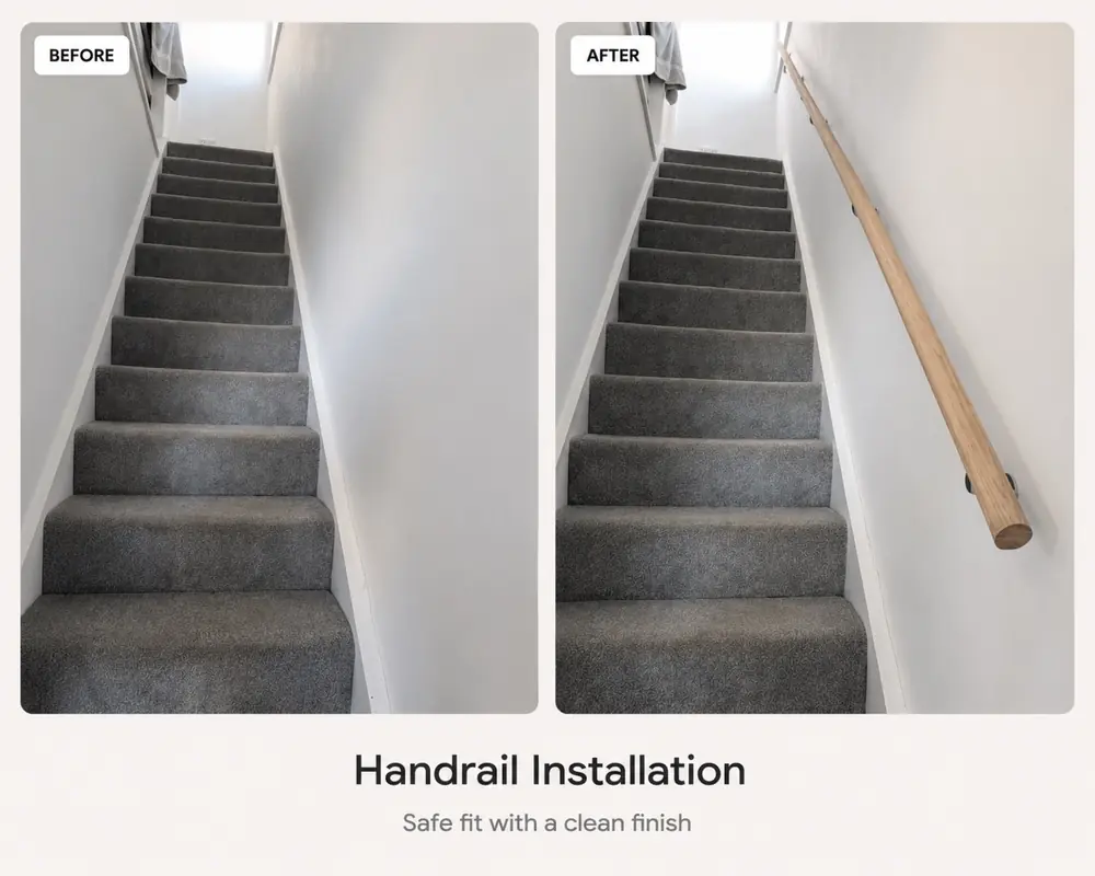 Small handyman job in Newcastle showing a before and after stair handrail installation