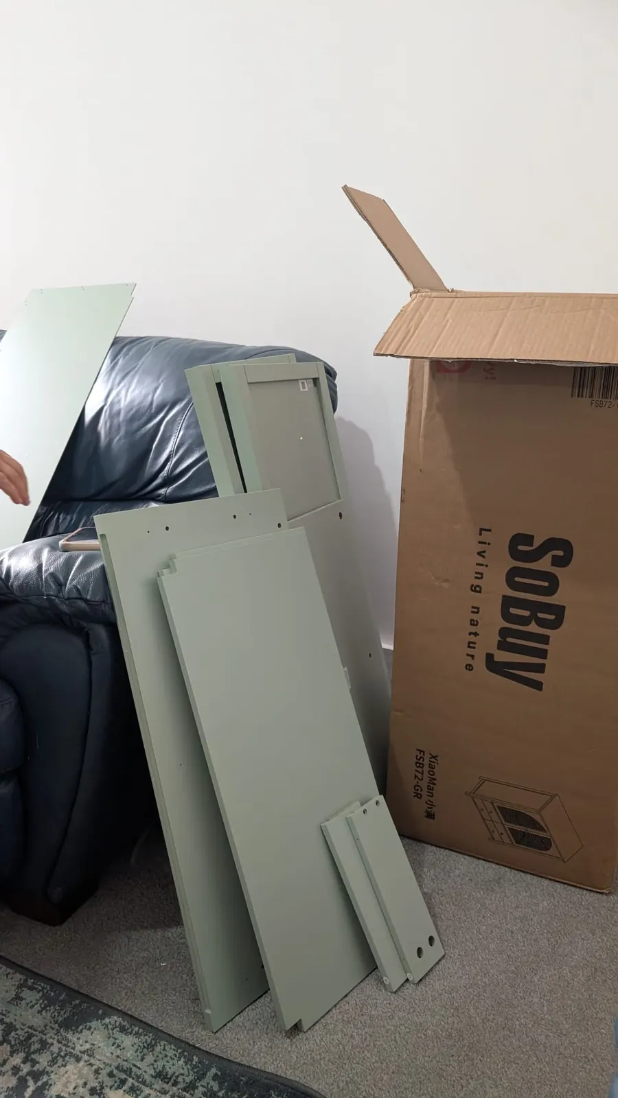 Pale green furniture panels and fittings beside SoBuy packaging