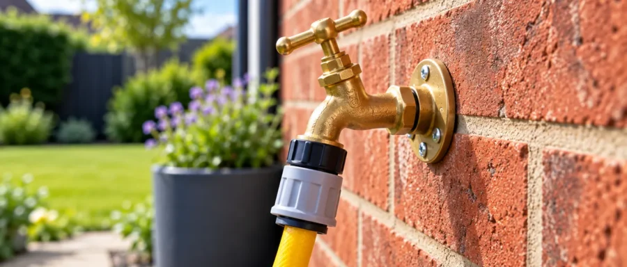 Illustrative image of an outside garden tap mounted on a brick wall