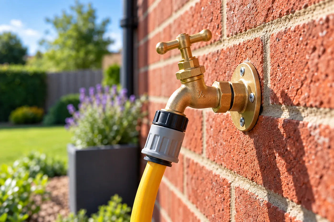AI illustration of an outside garden tap with a hose on a brick wall