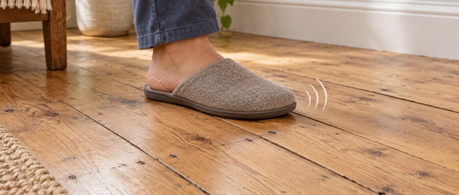AI-generated illustration of a slipper on squeaky timber floorboards