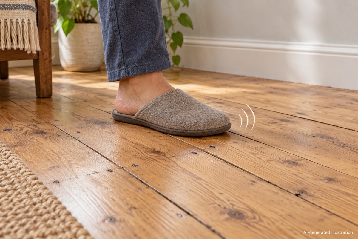 AI-generated illustration of a slipper on squeaky timber floorboards