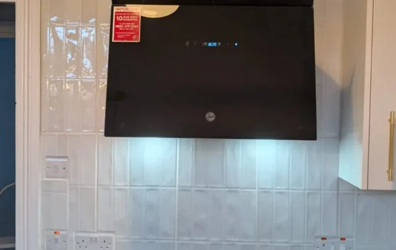 Finished kitchen splashback and cooker hood installation in Newcastle upon Tyne