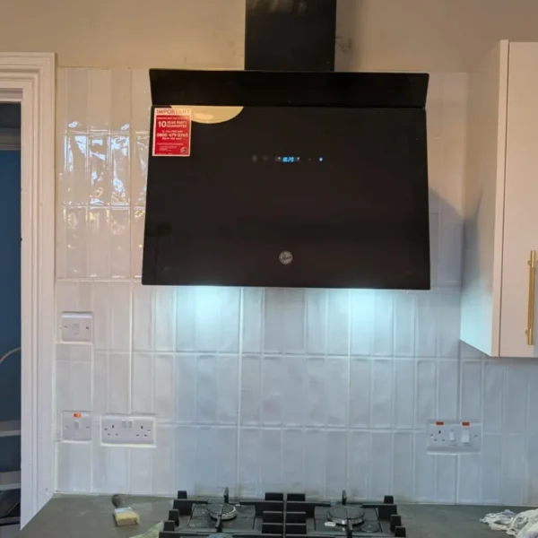 Finished kitchen splashback and cooker hood installation in Newcastle upon Tyne